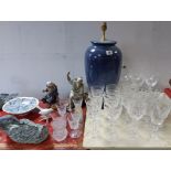 A blue glazed pottery ovoid table lamp, 15” high; & various items of decorative pottery,