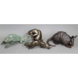 A bronzed carp ornament, 15” long; a bronzed panther ornament, 14½” long; & two other animal