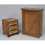 A brass-bound hardwood table-top chest, fitted three long drawers, 9” wide x 12” high; & an inlaid-