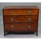 A GEORGIAN INLAID MAHOGANY CHEST fitted three long graduated drawers with brass swing handles, &