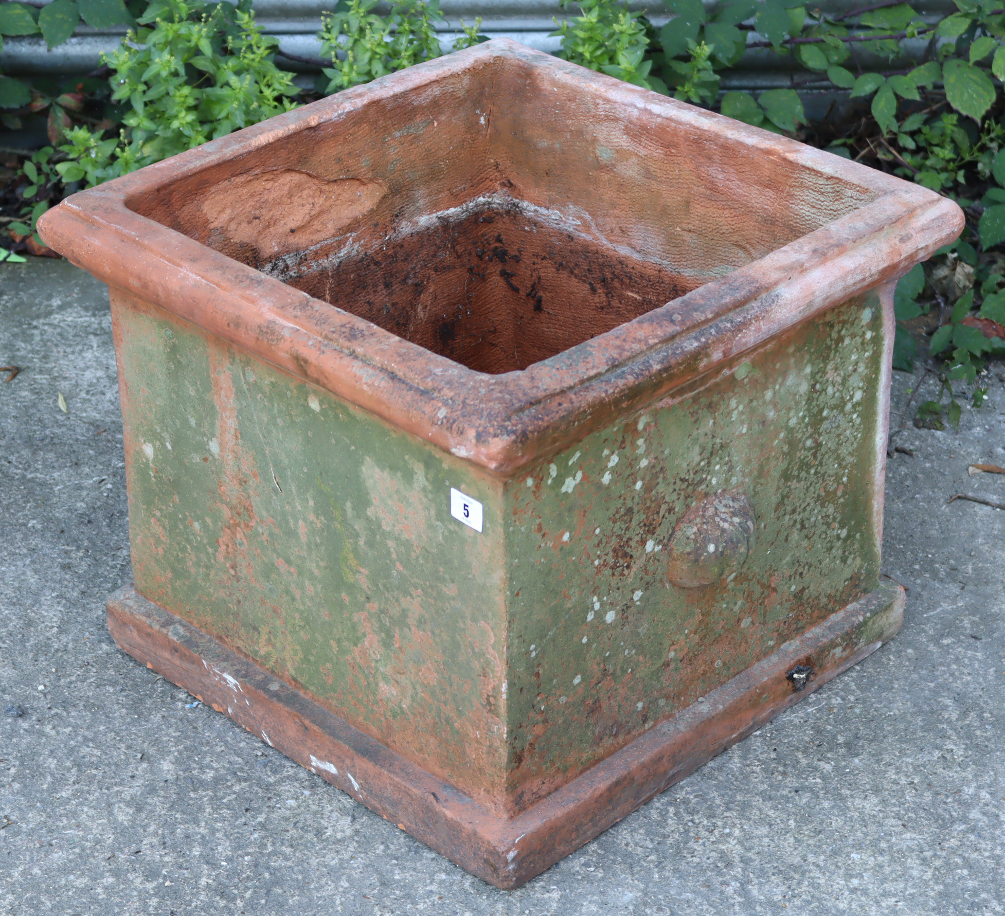 A terracotta planter of square form, 19½” wide x 16” high.