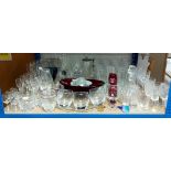Five glass decanters; a cut-glass fruit bowl; & various other items of plain & coloured glassware.