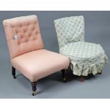 An early 20th century buttoned-back nursing chair on turned legs with ceramic castors; together with