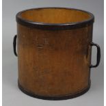 A Japanese hardwood cylindrical two-handled grain bucket with steel fittings, 12¼” diameter x 12¼”