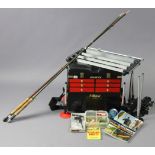 A Kiley “Euro” angler’s box/seat; two fly-fishing rods; various fly-fishing lures, etc.