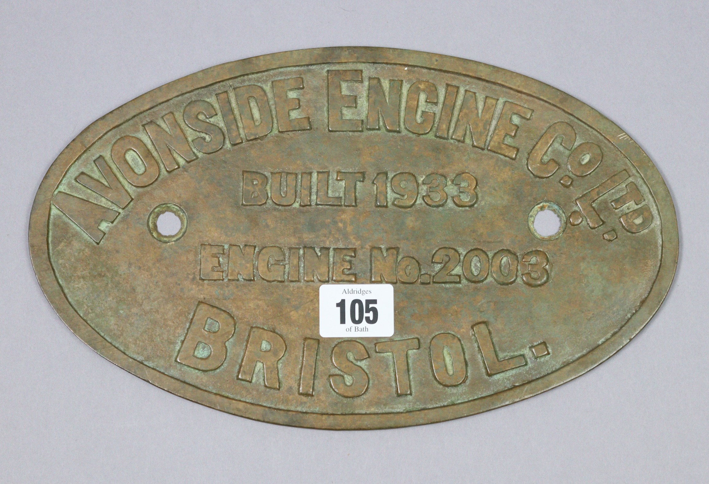 A vintage brass oval locomotive plate “AVONSIDE ENGINE CO. LTD. BUILT 1933 ENGINE NO. 2003 BRISTOL”,