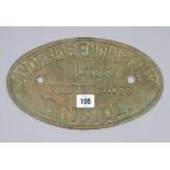 A vintage brass oval locomotive plate “AVONSIDE ENGINE CO. LTD. BUILT 1933 ENGINE NO. 2003 BRISTOL”,