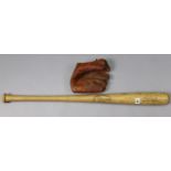 A Higgins “Professional Duke Sniper” model ash baseball bat; & a Mac Dougal Junior model leather