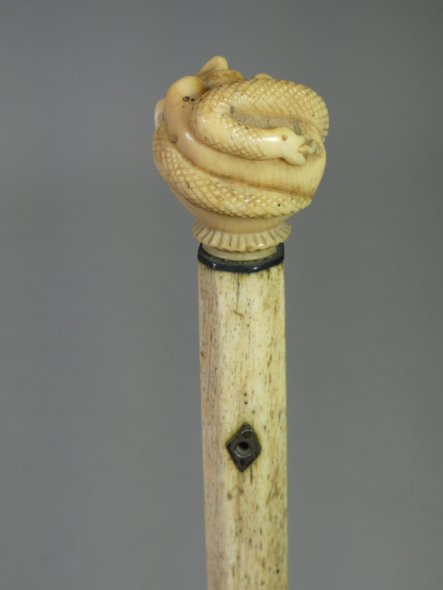 A 19th century whale jaw-bone & ivory-handled walking stick carved with a fist clutching a - Image 3 of 7