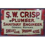 A VINTAGE LARGE ENAMELLED SIGN “S. W. CRISP PLUMER SANITARY ENGINEER GENERAL REPAIRS SHELLEY ROAD,