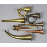 A collection of seven vintage hunting horns by Callow & Son, Kohler, & others. (w.a.f.)