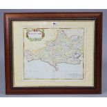 An antique hand-coloured map of “Dorsetshire” by Robert Morden, 15” x 17½”; together with two