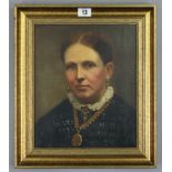 An oil on canvas head & shoulders portrait study of a lady wearing a black dress & gold necklace,