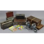 A leather suitcase, 20” wide; a Gladstone-type bag; seven various lamps; & sundry other items.