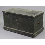 An early/mid 20th century black painted deal travelling trunk with a hinged lift-lid, & with