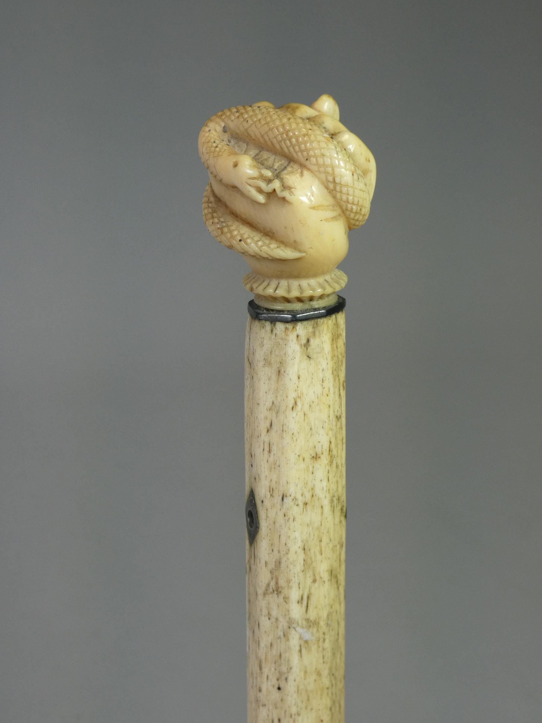 A 19th century whale jaw-bone & ivory-handled walking stick carved with a fist clutching a - Image 4 of 7