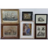 Two small coloured French naval prints, a nude female study, & three other decorative pictures.