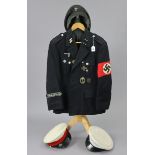 A replica WWII Nazi police division officer’s jacket & peaked cap; together with two other peaked ca