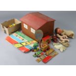 A mid-20th century painted wooden model barn with opening top & front, 17¾" wide x 13½" high x