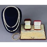 Three pearl necklaces; a pearl & simulated emerald bracelet; a yellow-metal bar brooch inset