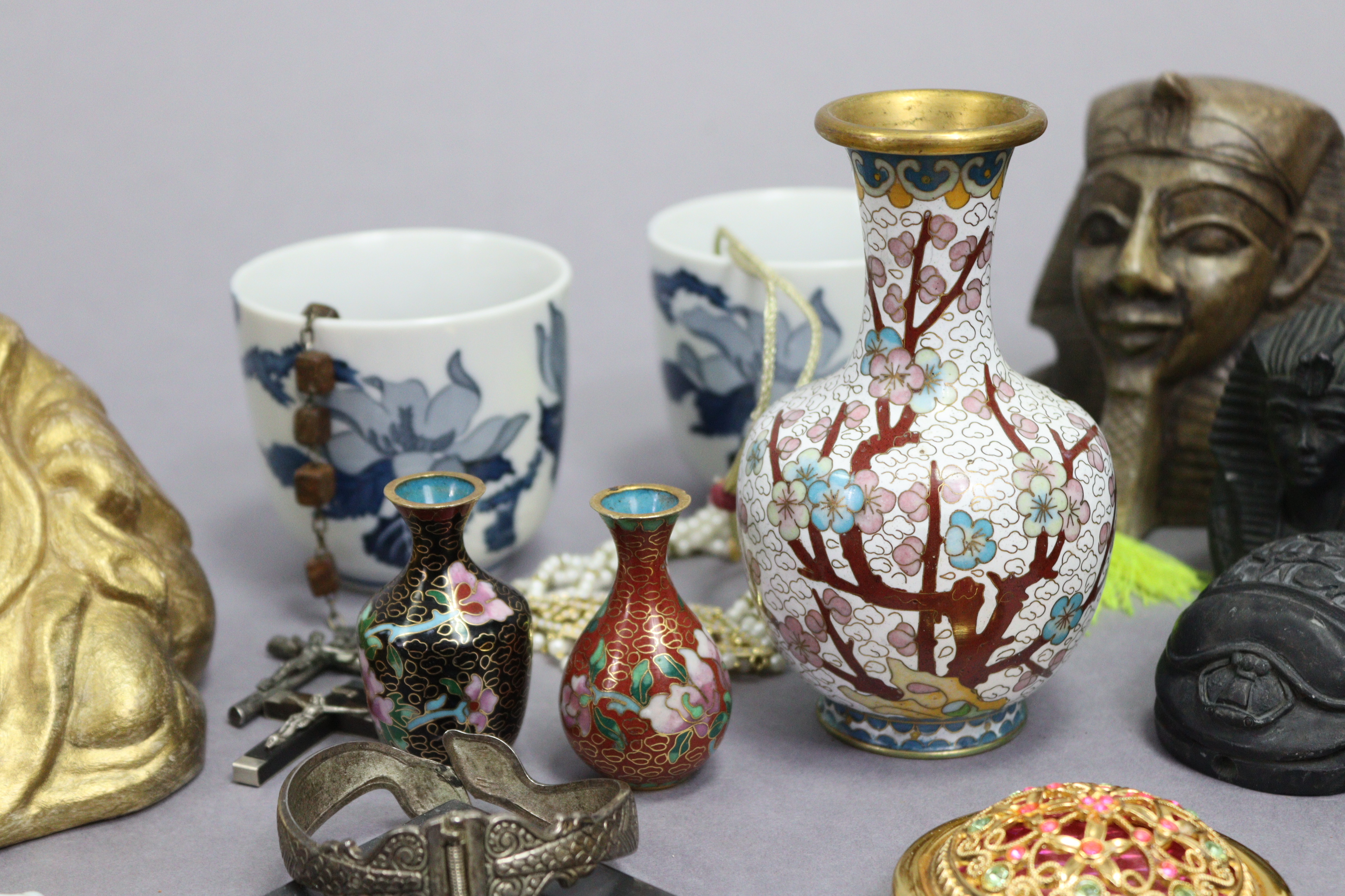 A cloisonné ovoid vase of white ground & with bright-coloured floral design, 5¼” high; two ditto - Image 2 of 7