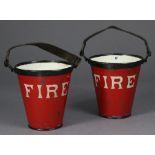 Two vintage enamelled “FIRE” buckets with leather strap handles, 10½” high.