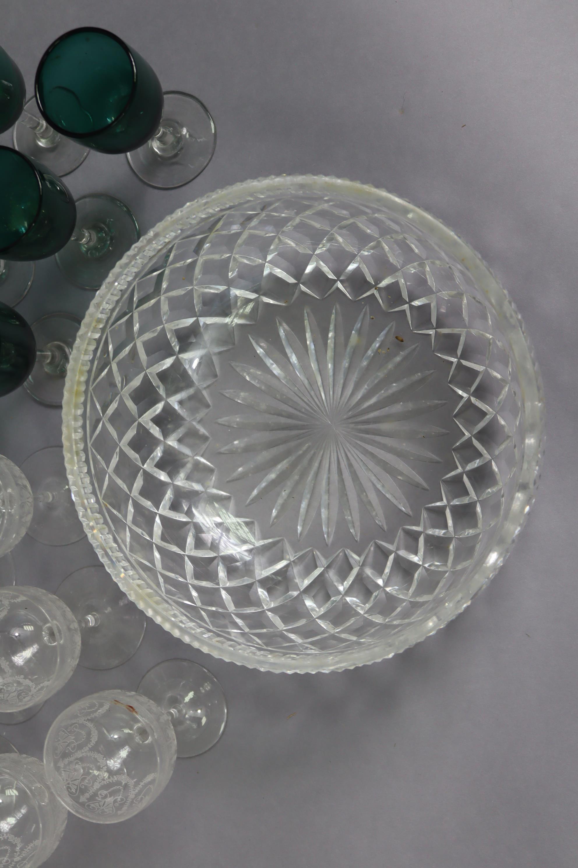 A Waterford cut-glass fruit bowl, 9¾” diameter; a set of six Victorian glass wines with emerald - Image 2 of 6