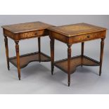 A PAIR OF INLAID HARDWOOD BEDSIDE TABLES, each with foliate scroll decoration to the rectangular