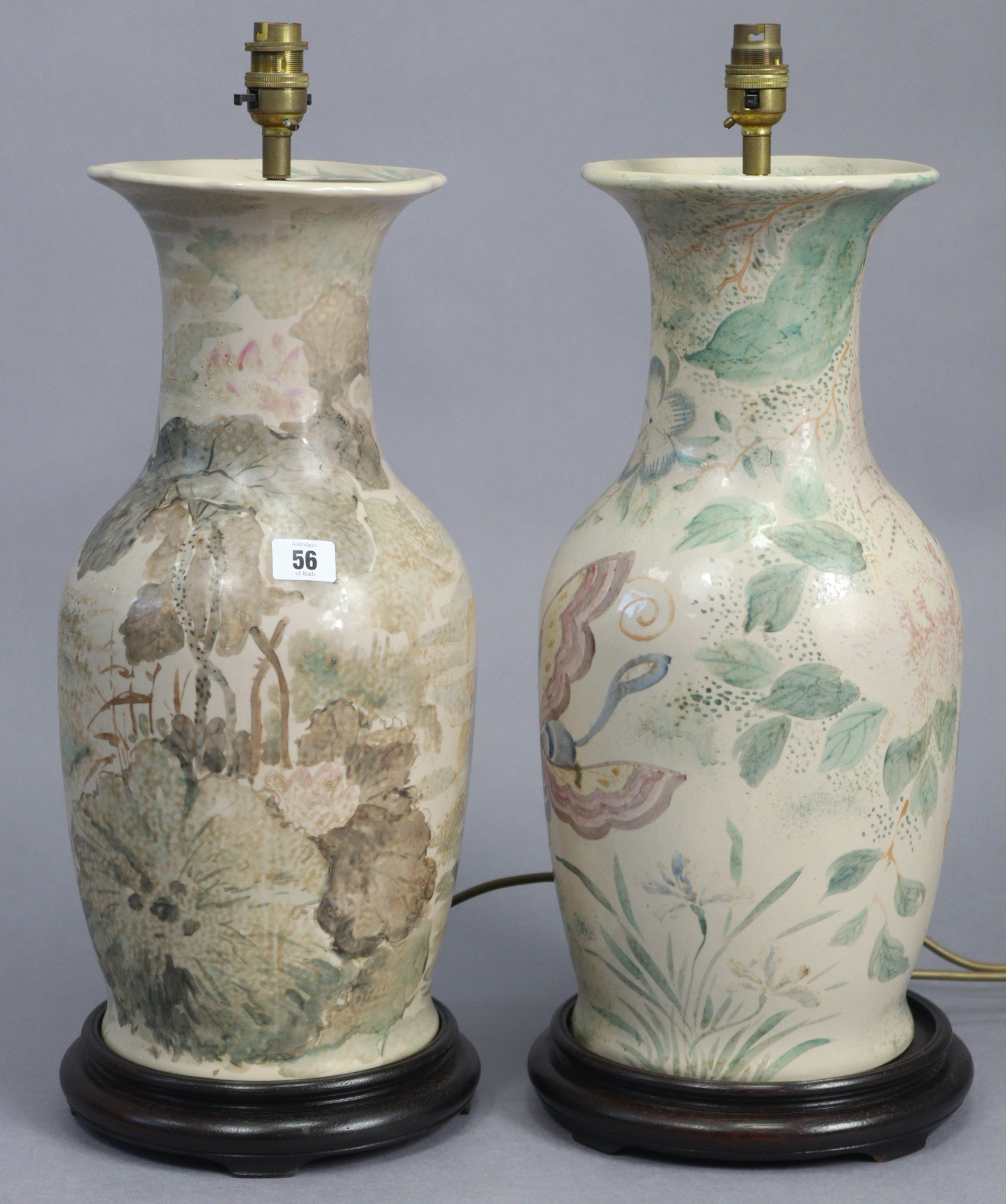 A pair of large ceramic table lamps with painted Siamese fighting fish decoration (lacking - Image 2 of 2