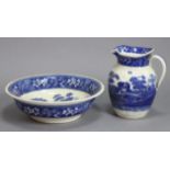 A Copeland blue & white “Spodes Tower” toilet jug & basin (chips to basin); & another toilet jug.