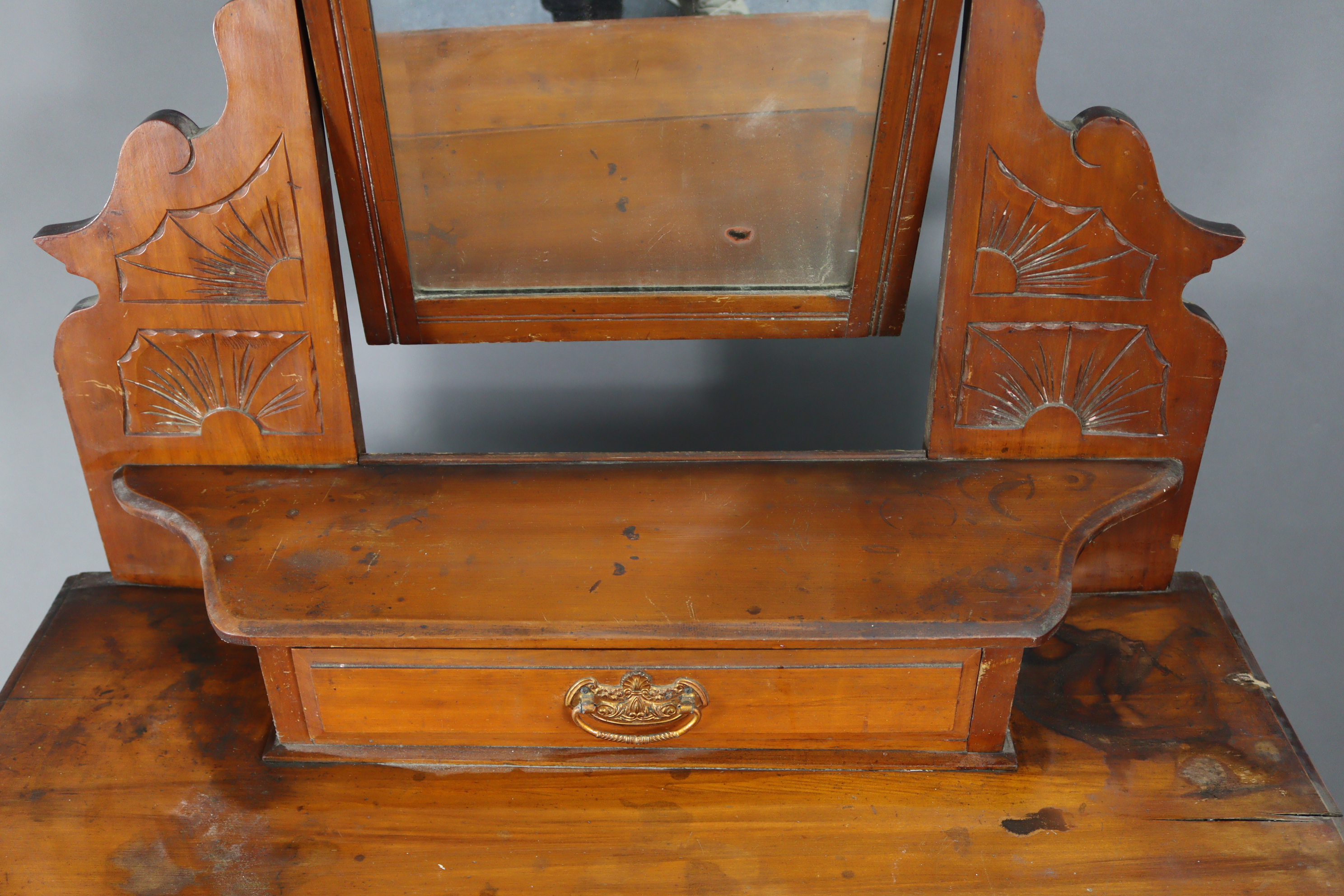 A late Victorian walnut dressing chest with rectangular swing mirror to the stage back, fitted two - Image 2 of 5