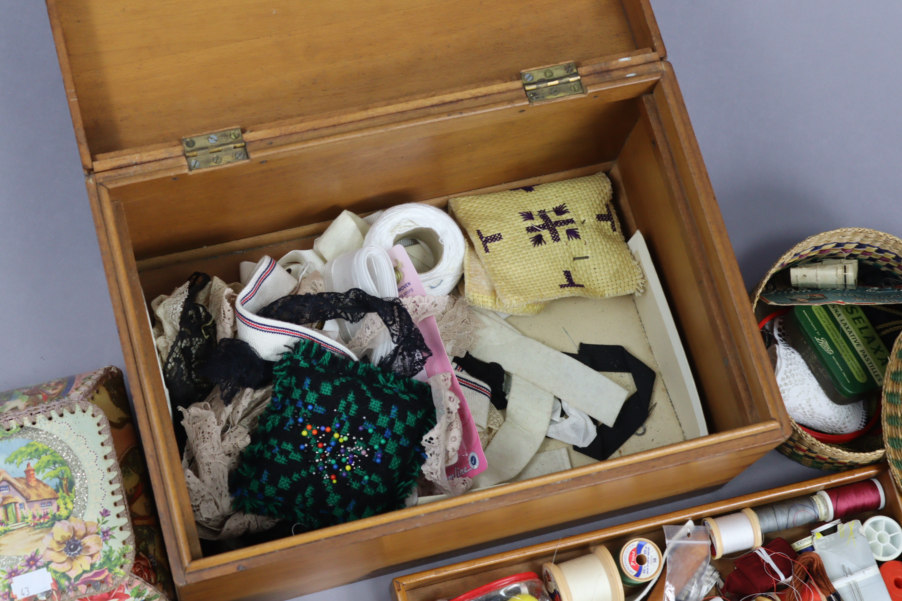 A walnut needlework box with a hinged lift-lid, 15¼” wide, with contents; & a collection of - Image 2 of 2