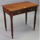 A late Victorian mahogany small side table fitted frieze drawer, & on ring-turned tapered legs, 30¼”