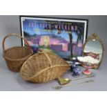 Two wicker baskets; a large coloured print; & sundry other items.