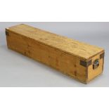 A pine croquet box (lacking contents) with hinged lid & wrought-iron side handles; 51” wide x 10½”