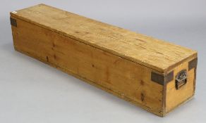 A pine croquet box (lacking contents) with hinged lid & wrought-iron side handles; 51” wide x 10½”