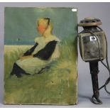 An oil painting on canvas depicting a young girl sitting on a beach, 20” x 15”, unsigned; & a