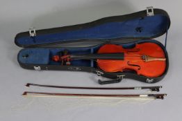 A Chinese violin & two bows (violin 21¾” long), with case.