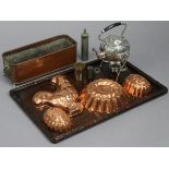 An embossed silver-plated spirit kettle; a hardwood tea tray; four jelly-moulds; & sundry other
