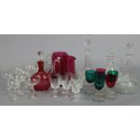 Three heavy cut-glass decanters; & various other items of glassware.