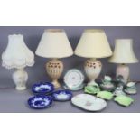 Four table lamps each with shade; & various items of decorative china.