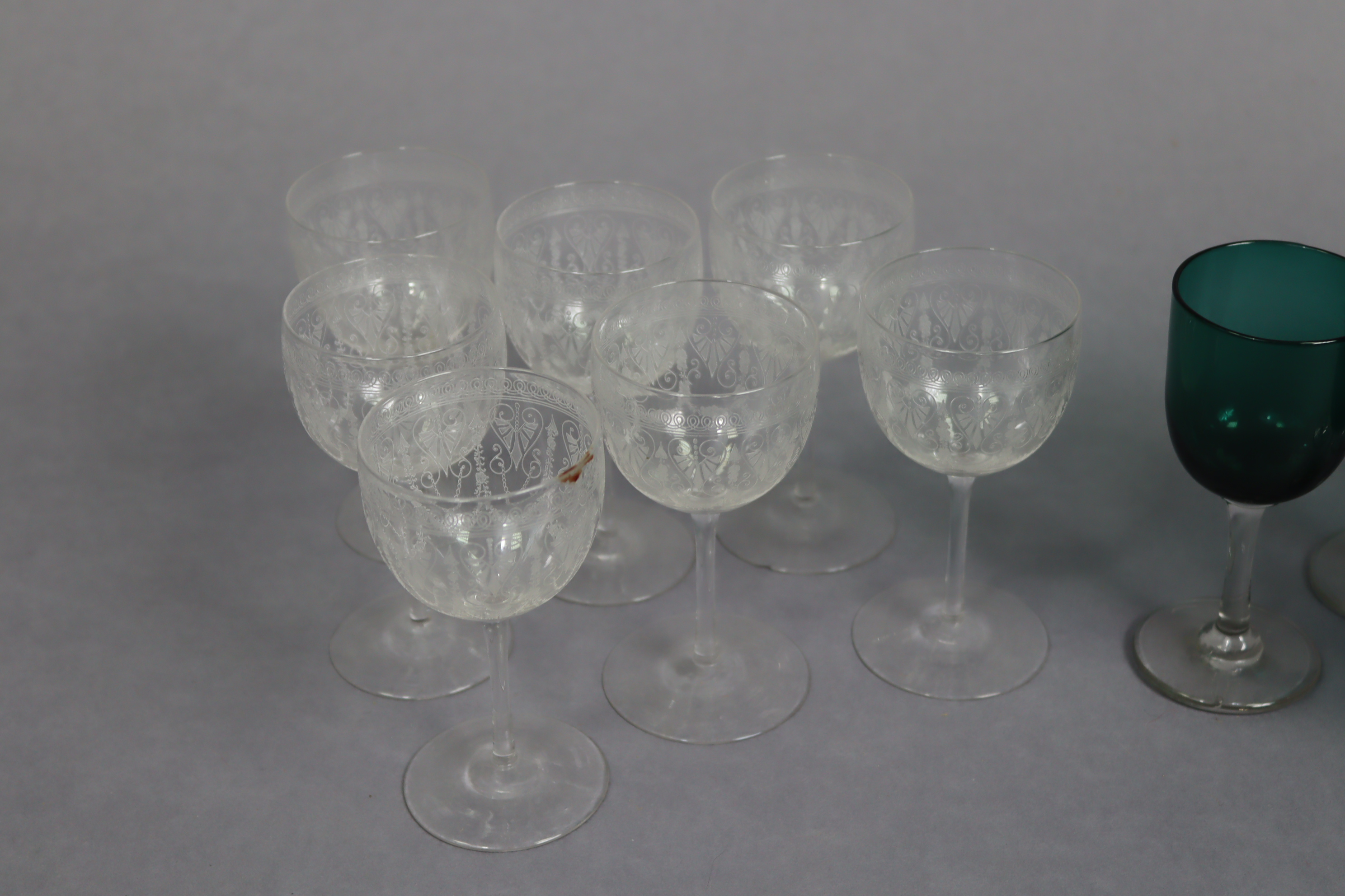 A Waterford cut-glass fruit bowl, 9¾” diameter; a set of six Victorian glass wines with emerald - Image 3 of 6