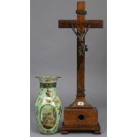 A bronzed & inlaid wooden Corpus Christi, 29½” high; & a Decalcomania glass ovoid vase with inside-