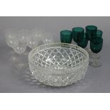 A Waterford cut-glass fruit bowl, 9¾” diameter; a set of six Victorian glass wines with emerald