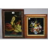 A reverse painting on glass titled: “St. John”, 13½” x 9½”; & another reverse painting on glass –