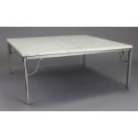 A large square low coffee table inset white marble top, & on silvered-metal base having four