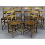 A set of six chapel chairs with hard seats & on round tapered legs with spindle stretchers.