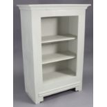 A light grey painted wooden three-tier standing open bookcase, 32” wide x 47” high x 16½” deep.
