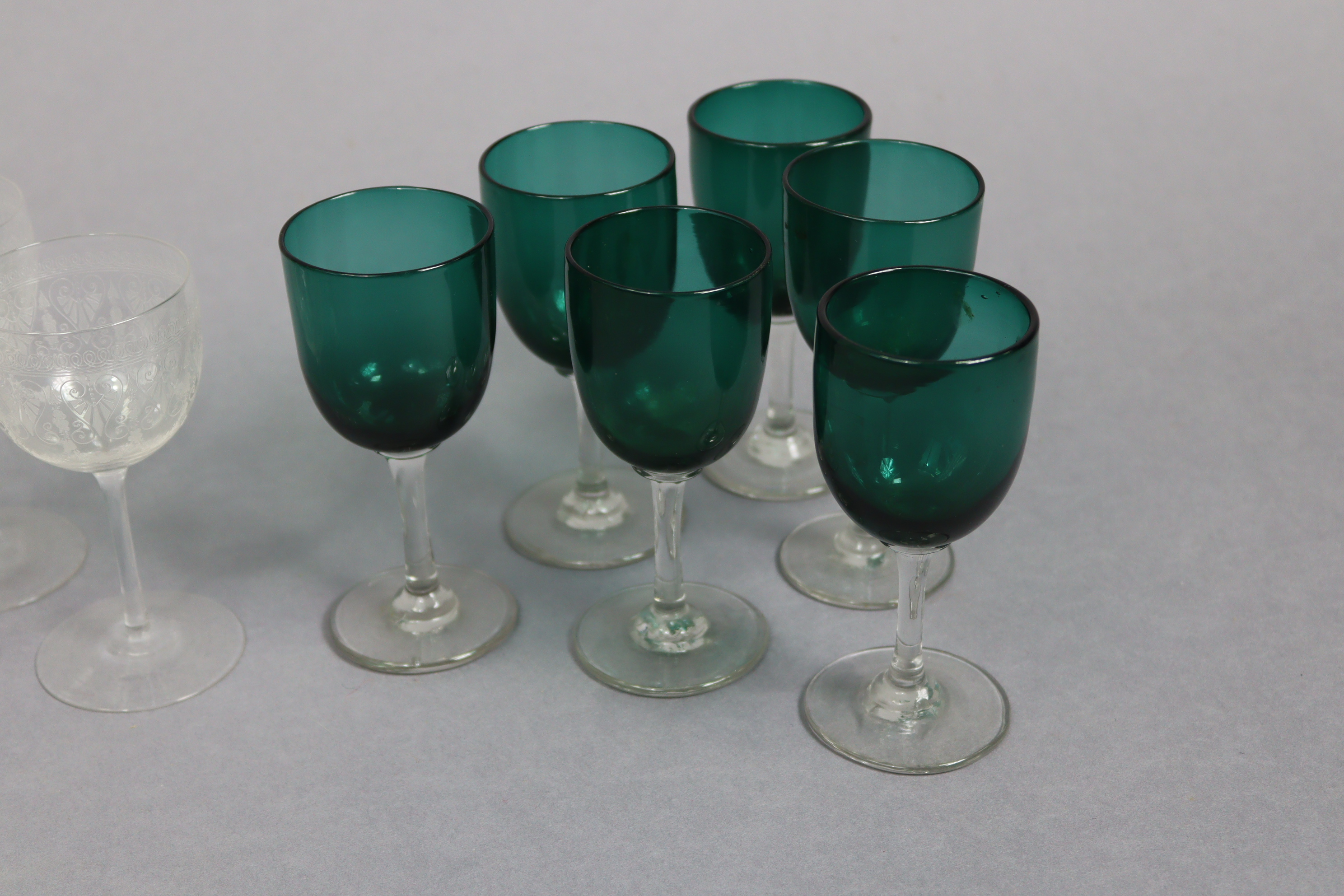 A Waterford cut-glass fruit bowl, 9¾” diameter; a set of six Victorian glass wines with emerald - Image 5 of 6