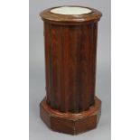 A Victorian mahogany cylindrical fluted pedestal cupboard, inset white marble & on octagonal